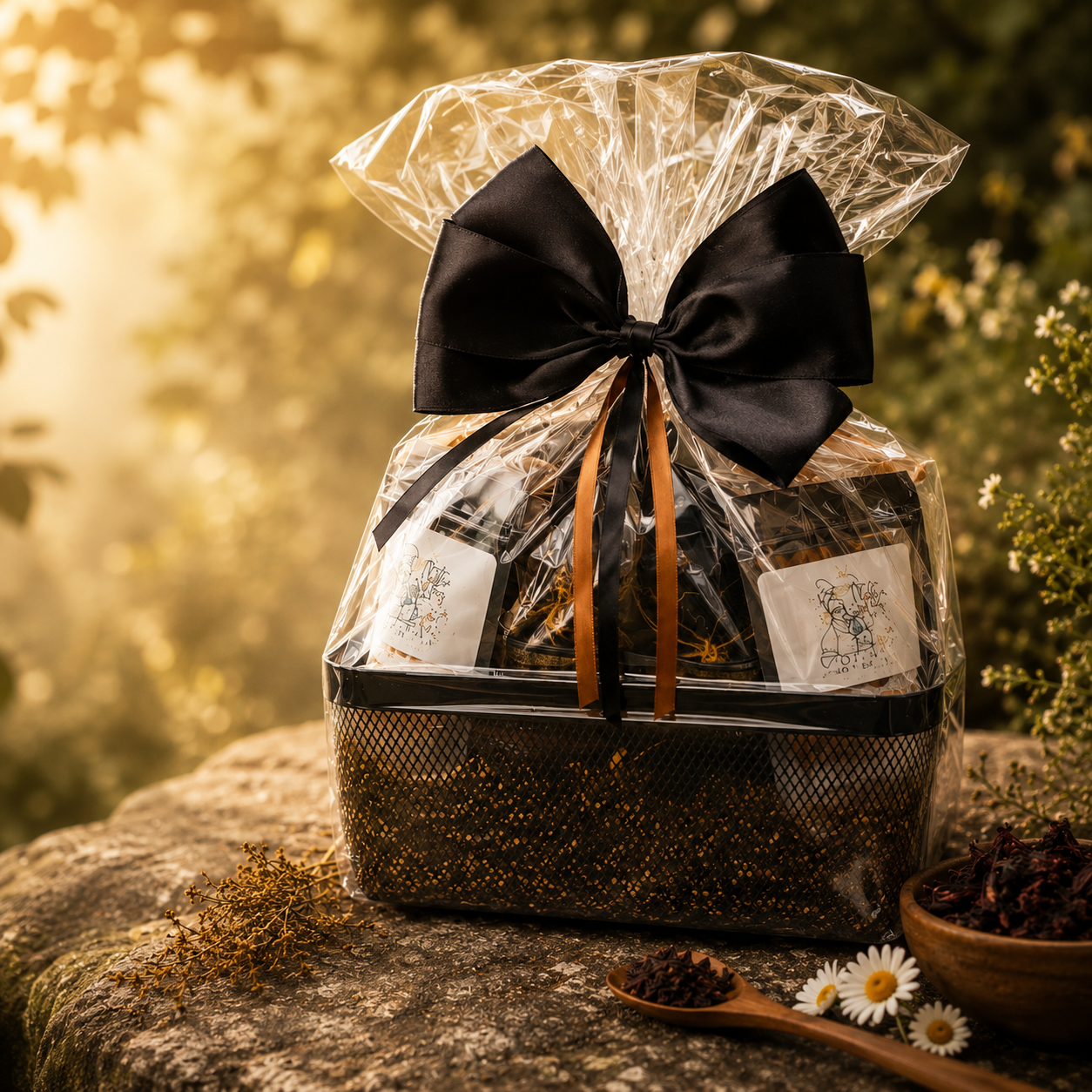Custom Motha of Teas gift basket wrapped with a black bow