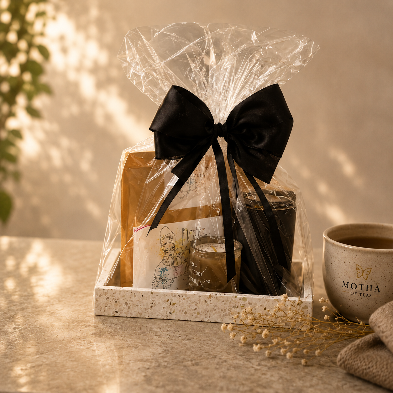 Custom Motha of Teas tea tray with herbal teas and thoughtful accessories